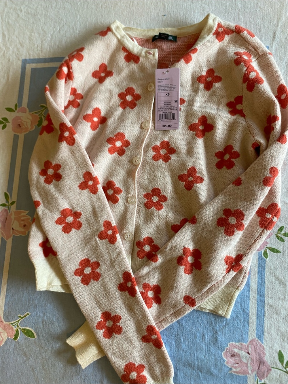 wild fable Cream Cardigan with Red Floral Print